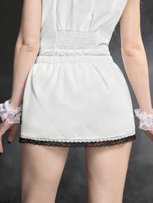 ROMWE Grunge Punk Gothic Lolita Low Waist Super Short Contrast Lace Trim Printed Mini Skirt - White - View 3