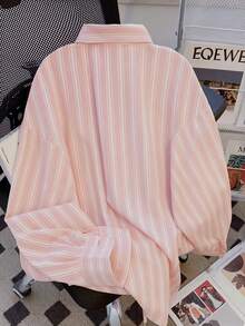 Camisa de manga larga con botones delanteros de unicolor, estilo sencillo para uso diario, talla grande - Rosa - Ver 6