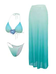 Bonvoyette Women's Sexy Ombre Blue Halter Neck 3 PiecesBikini Set For Beach Vacation - Blue - View 4