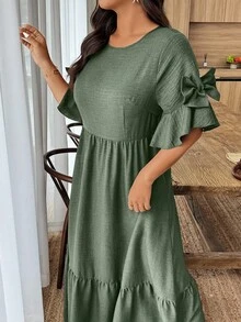 Weeklong Plus Size Casual Solid Color Bow Decor Dress - Army Green - View 3