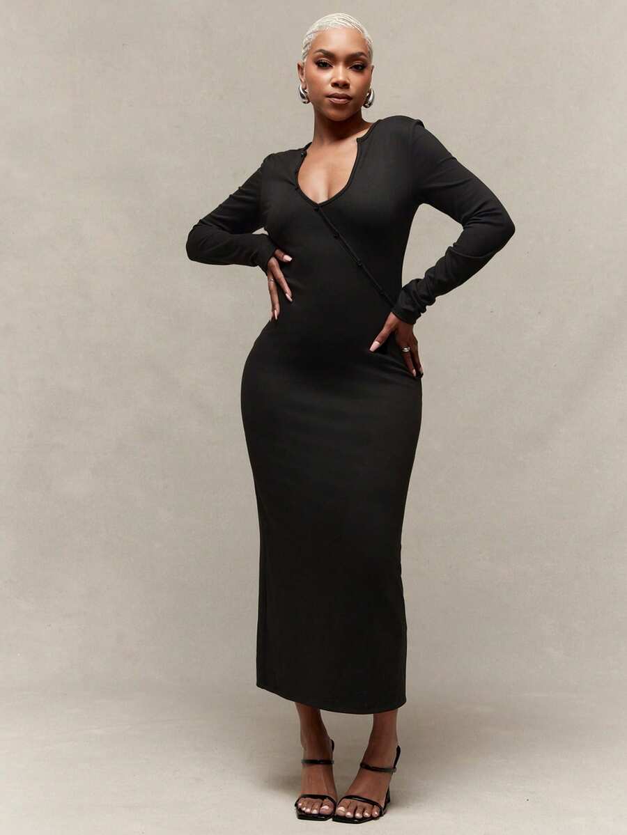 Vixey Brushed Jersey Open Neckline Long Sleeve Midi Dress - Black - View 1
