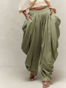 Vixey Pleated Elastic Waistband Harem Draped Pants - Green - View 2