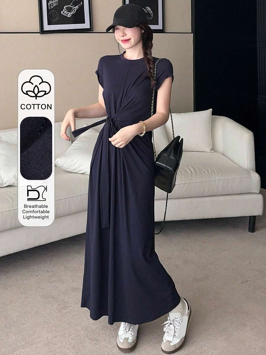 DAZY 女士短袖棉质圆领收腰中长连衣裙 - 藏蓝色 - 查看 1