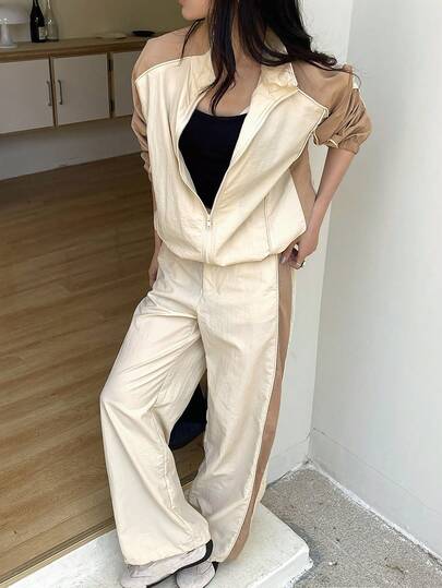 DAZY Women's Casual Contrast Color Patchwork Jacket And Wide Leg Pants 2 Pieces Set, Spring