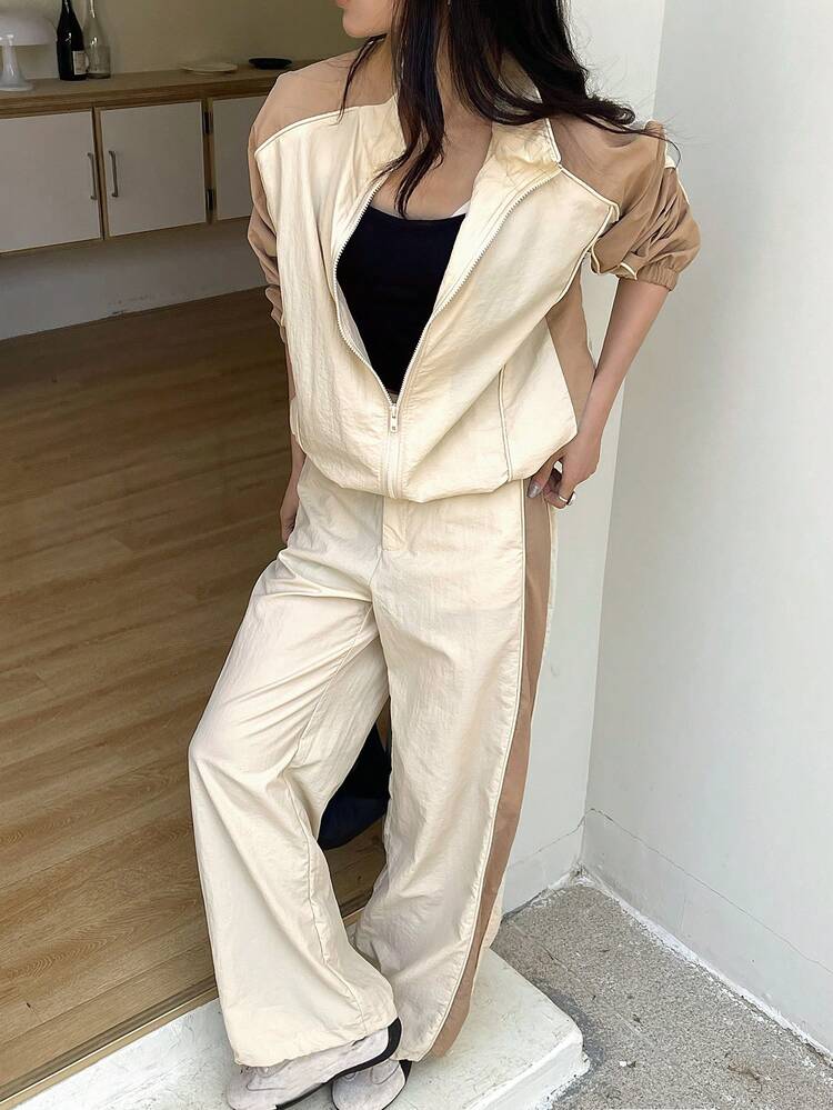 Women's Casual Contrast Color Patchwork Jacket And Wide Leg Pants 2 Pieces Set, Spring