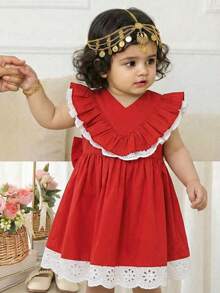 女婴休闲度假优雅刺绣蕾丝边V领荷叶袖修身A字连衣裙，红色 - 紅色 - 查看 3