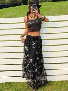 SHEIN EZwear Black Embroidered Sequin Patchwork Elegant & Fashionable Skirt - Black - View 4