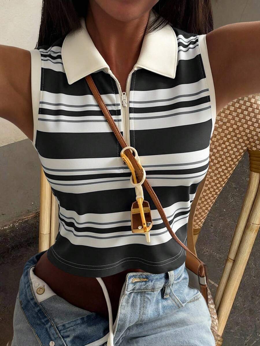 DAZY Áo tank top cổ bẻ kẻ sọc nữ, kiểu dáng thường ngày, phong cách mùa hè Y2K - màu đen - Xem 1