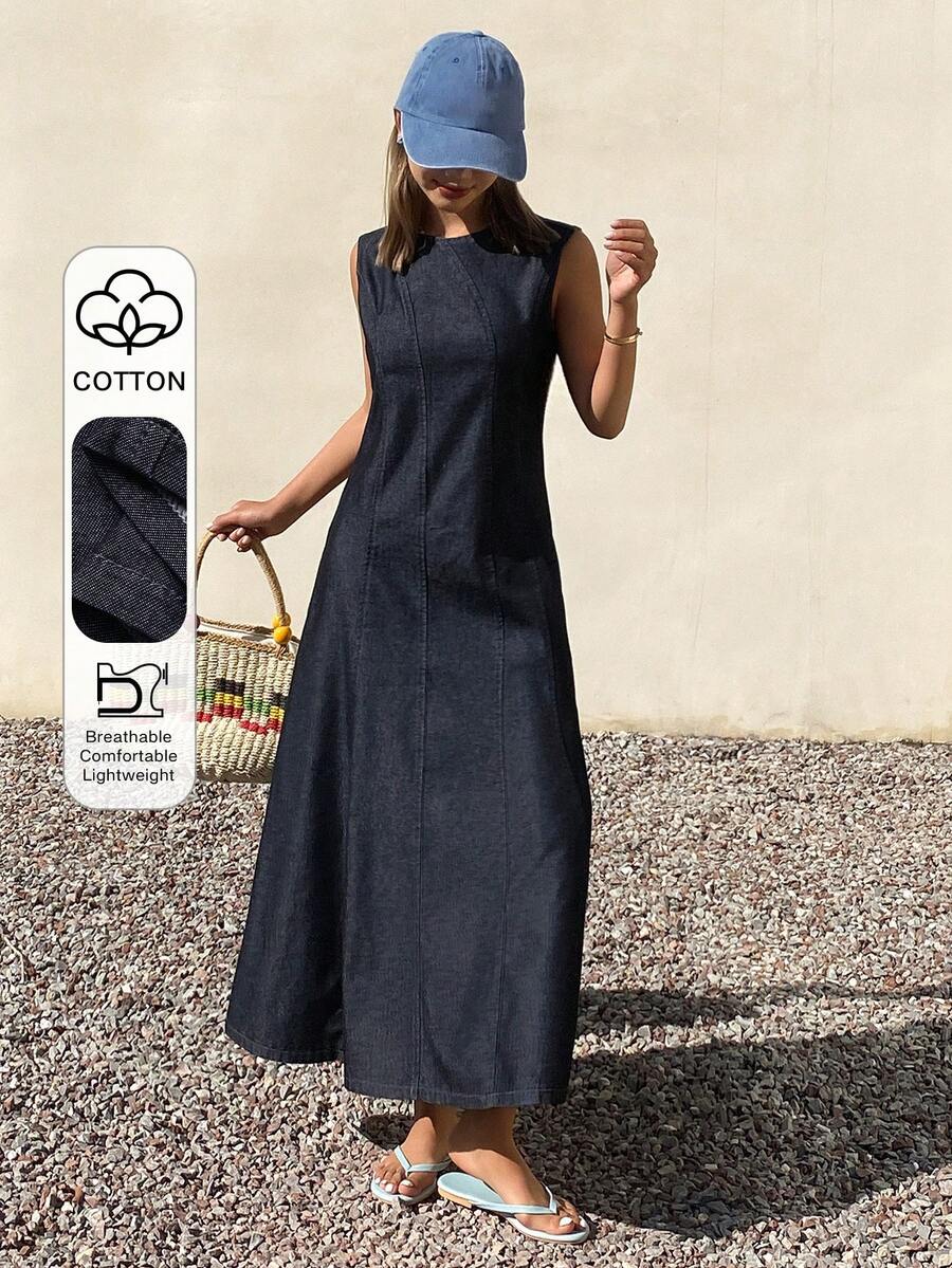 Livesso Sleeveless Denim Dress With Waist Seam For Women - Blue - View 1