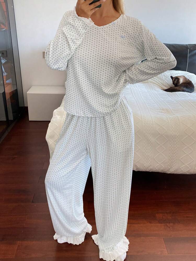 2pcs Women's Sleepwear Set: Heart Print V-Neck Lace Trim Long Sleeve T-Shirt And Pants, Autumn