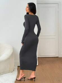 SHEIN PETITE 女士秋冬基础款针织灰色修身方领长袖连衣裙 - 深灰色 - 查看 2