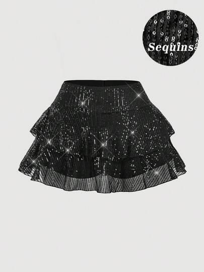 SHEIN MOD 加大码黑色亮片层叠半身裙，多层裙摆，适合派对、舞会、生日、春夏等场合