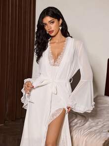 Slumberist Bộ đồ ngủ ren gợi cảm, quyến rũ dành cho nữ, kiểu dáng trưởng thành, cổ chữ V sâu, khoét rỗng, phối ren, ôm sát, hở lưng, xẻ tà, xếp nếp và áo choàng ren mỏng nhẹ, thoải mái, có dây buộc, thích hợp cho cô dâu. - trắng - Xem 6