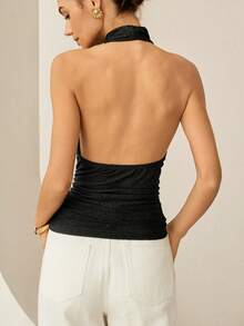 Lymera Women's Fashionable Sexy Casual Versatile Black Textured Jacquard Pleated Halter Neck Top, Spring/Summer - Black - View 2