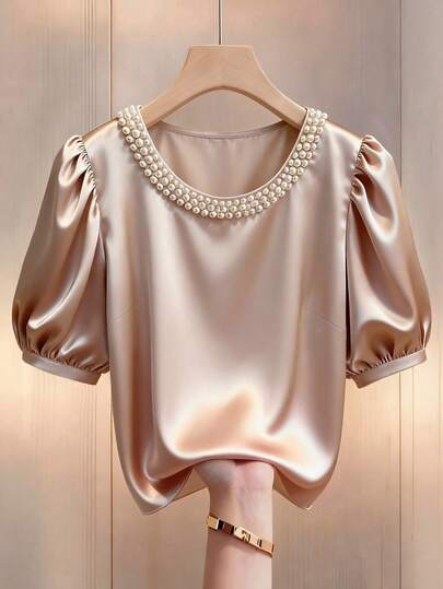 Franclia Women's Plus Size Puff Sleeve Elegant Blouse, Round Neck Shirt With Pearl Decor, Versatile Casual Top For Office Wear And Dating Elegant Blouses Women Tops Elegant Satin Blouses For Women Classy Top Pearl Top