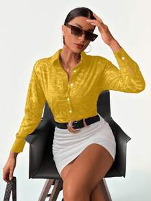 2026 Modichic Camisa transparente sin sujetador con botones para usar en el trabajo, elegante camisa de negocios casual con botones para mujer, blusas de manga larga - Amarillo - Ver 4
