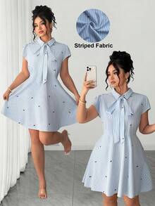 Elenzga Women's Casual Short Sleeve Collared Striped Button Shirt Dress With Flared Skirt - Multicolor - View 8