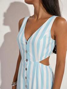 COSMINA 女士蓝白条纹V领纽扣腰部镂空露背鱼尾长连衣裙，休闲优雅度假婚礼派对生日约会长裙 - 藍白色 - 查看 6