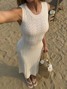 Livesso Textured Fitted Sleeveless Knit Dress For Women - White - View 1