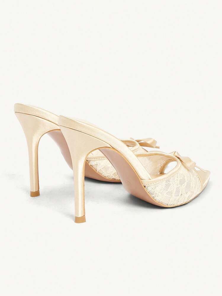 CUCCOO CHICEST Women Shoes Brown Satin Mesh Splicing Summer And Summer Bow Elements Fashion Sexy Pointed Stiletto Slippers Summer Shoes Wedding Shoes Bride Shoes