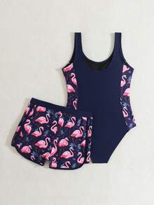 SHEIN 少女泳衣/连体泳衣/印花泳衣/两件套 - 藏蓝色 - 查看 2