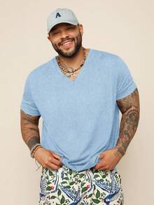 EASEVO Men Plus Size Casual Fitted Stretchy V-Neck Short Sleeve T-Shirt, Suitable For Summer, Vacation, Father's Day Gifts, Football - Baby Blue - View 4