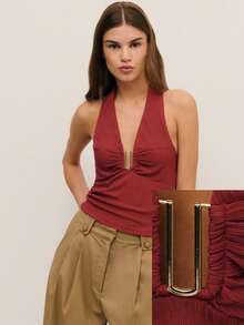 Nöista This Elegant Brown Top Features A Halter Neckline, Ruched Bust, And Metal Detail For A Modern Touch. Made From Soft Textured Fabric, It's Perfect For Layering During Spring Break Outfits. Ideal For Birthday Outfits For Women Clothes Gatherings, Elegant Celebrations, Or Stylish Women's Spring Break Outfits Clothes Collections. - Dusty Pink - View 1