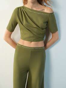 Maija Bộ đồ nữ phong cách thường ngày, thoải mái, thích hợp đi nghỉ mát, gồm áo crop top xếp ly cổ lệch và quần ống rộng, họa tiết hình học, đính đinh tán, thích hợp cho mùa xuân/hè. - xanh quân đội - Xem 4