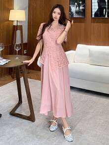 DAZY Women's Elegant Contrast Lace Long Dress, Suitable For Dates In Summer Sundress - Pink - View 2