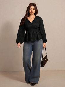 Elaquor Camisa de manga larga con cuello en V minimalista de unicolor, para uso casual diario, talla grande - Negro - Ver 1