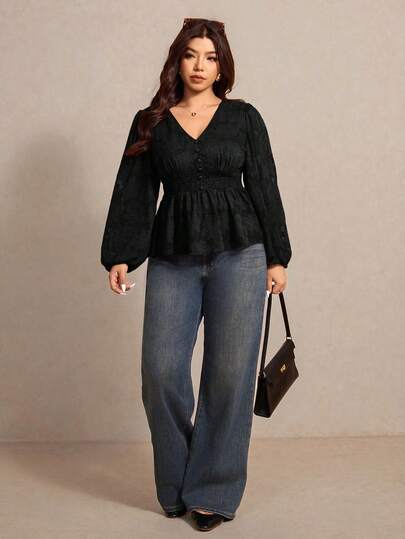 Elaquor Plus Size Solid Color Minimalist V-Neck Long Sleeve Shirt, Casual Everyday Wear