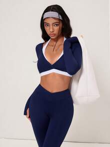 Hanevo Women's Long Sleeve Top And Flared Leg Pants 2 Pieces Set - Navy Blue - View 1