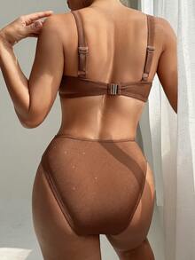 Voyashape Bộ bikini thời trang gợi cảm mới màu nâu ánh kim với điểm nhấn kim loại dành cho nữ, thích hợp cho kỳ nghỉ. - màu nâu - Xem 3