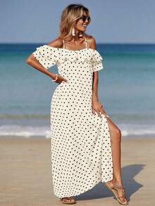 Allurite Women's Polka Dot Print Ruffle Hem High Slit Dress - Multicolor - View 5