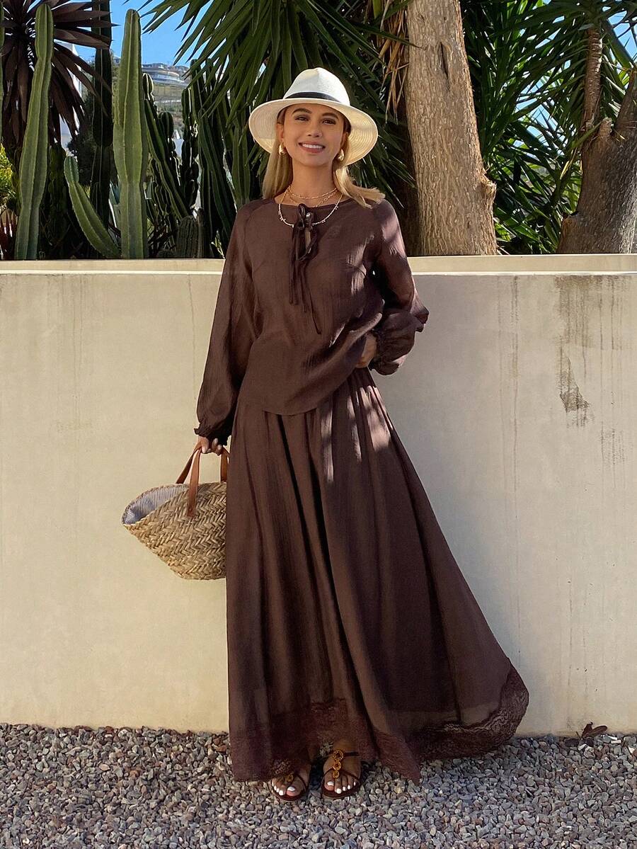 Livesso Dark Brown Autumn Boho Vacation Holiday Women's 2-Piece Set,Loose Front Tie Strap Blouse & Lace Patchwork A-Line Skirt,Elegant Wedding Lounge Sets - Brown - View 1