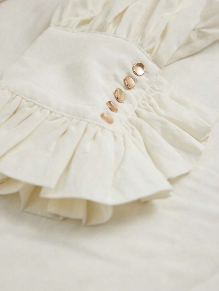 Camisa de manga larga con cuello plisado, botones decorativos y estilo casual francés vintage - Blanco - Añade 5