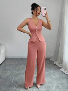 Elenzga Women's Elegant Sleeveless Blazer Vest And Pants Suit Set, Business/Commute Style, Summer - Pink - View 6