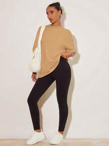 SHEIN BASICS 女士休闲宽松落肩纯色T恤，夏季 - 卡其色 - 查看 6