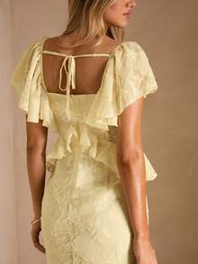 Enchnt 女士纯色荷叶边下摆甜心领优雅短袖连衣裙 - 黃色 - 查看 2