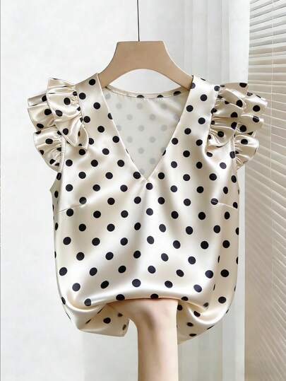 Franclia Women's Polka Dot Elegant V-Neck Blouse, Suitable For Birthday, Party, Wedding, Valentine's Day, Date, Commute, Daily Wear, With Ruffle Hem Design