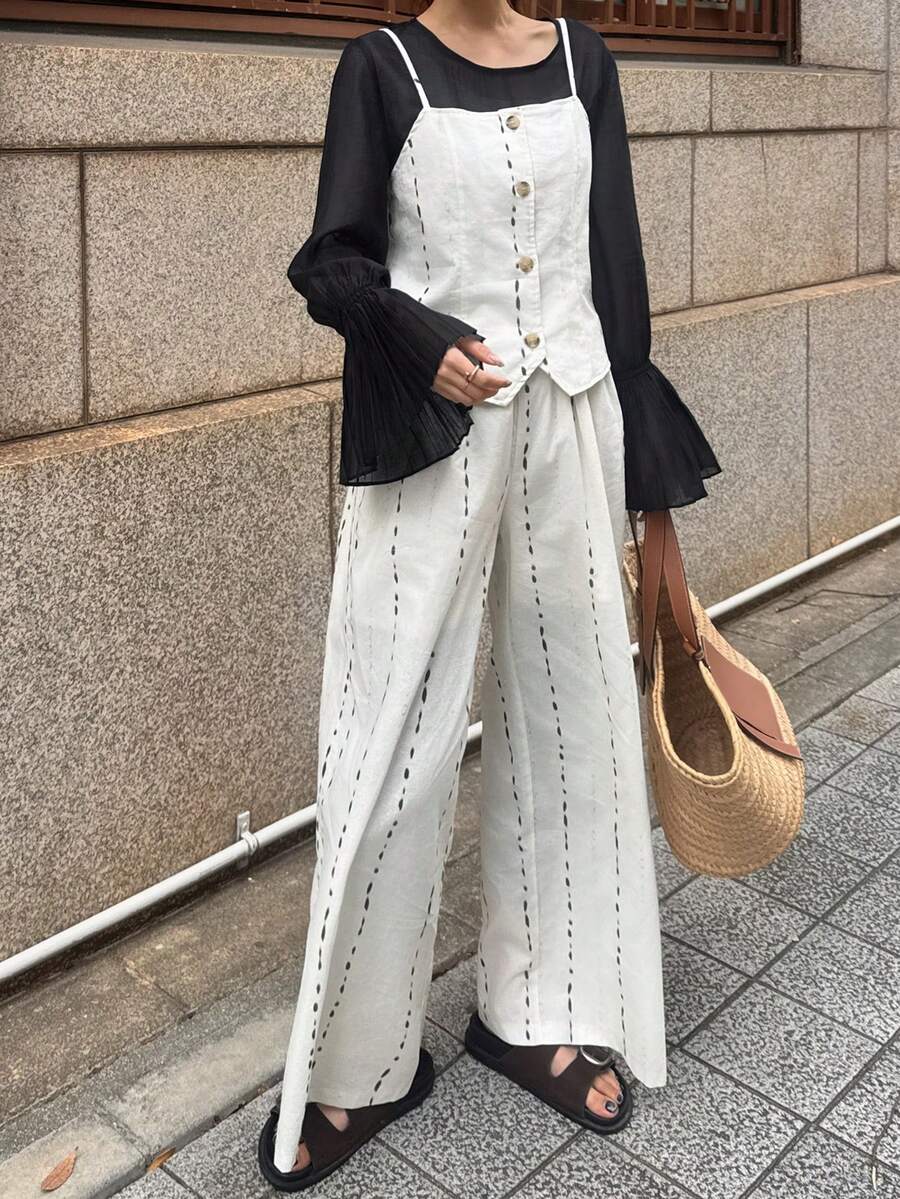 FRIFUL Women's Striped Single-Breasted Camisole Top And Pants Casual 2 Pieces Set - Apricot - View 1