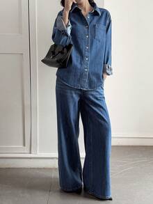 DAZY Women's Casual Denim Suit - Loose Fit Collared Shirt And Relaxed Pants - Blue - View 6