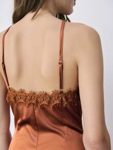 Nöista Women's Caramel Brown Satin Minimalist Spaghetti Strap Maxi Dress - Brown - View 5