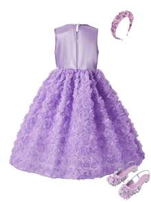 Vestido elegante de niña con flores 3D en púrpura, adecuado para fiestas y uso diario - Morado - Ver 2
