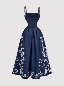 SHEIN MOD 女士时尚浪漫印花连衣裙 - 藏蓝色 - 查看 2