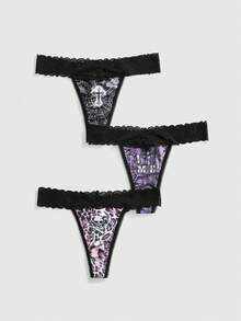 ROMWE Gothic Style Crystal Cross, Skull, Bat, Leopard Print, Spider Web Lace Thong Panties - Multicolor - View 1