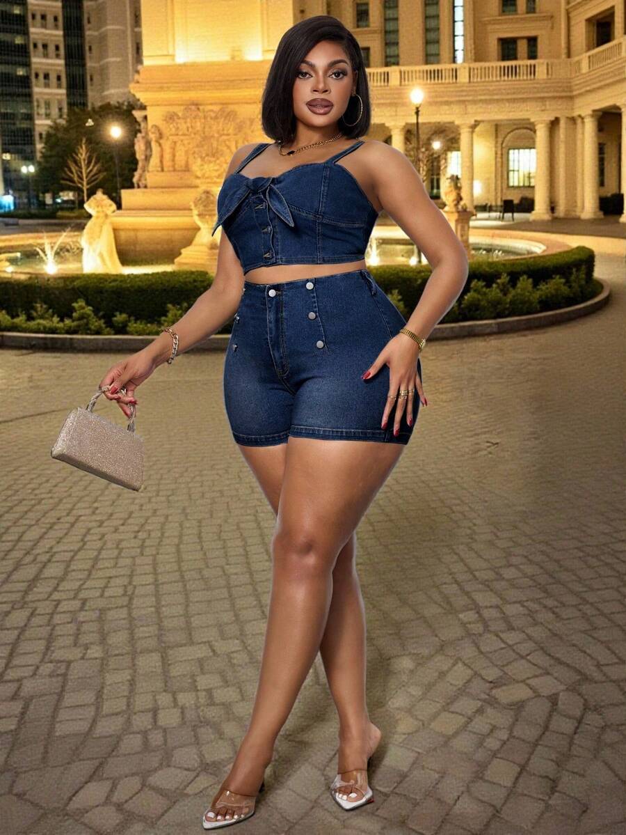 Slaydiva Shorts jeans plus size estilo cowgirl para mulheres, shorts curtos justos, sensuais e casuais para férias de verão. - Lavagem escura - Ver 1