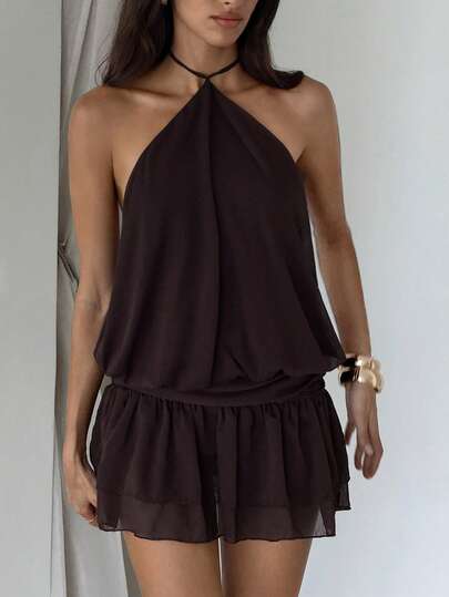 Aloruh Purple Chiffon Backless Jumpsuit, Elegant For Commute, Daily, Party, Vacation