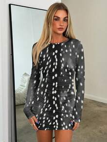 Aloruh Đầm ngắn ôm sát in họa tiết, cổ tròn, tay dài, màu trơn dành cho nữ, thích hợp cho mùa Thu/Đông. - Màu xám đen - Xem 5