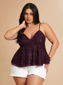 SHEIN BAE 大码秋冬纯色性感深V领棕色亮片吊带女式吊带背心，适合派对鸡尾酒会、音乐会等场合，也适合夏季假期、春假、情人节、狂欢节等场合，是2026年狂欢节女装的理想之选。 - 酒紅色 - 查看 5